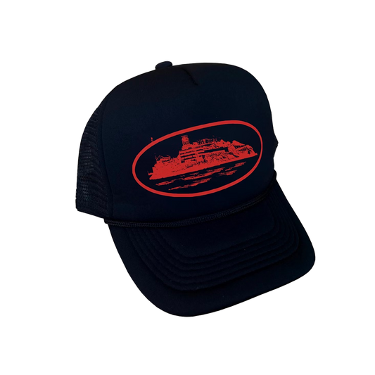 Corteiz Alcatraz Trucker Hat - Black and red